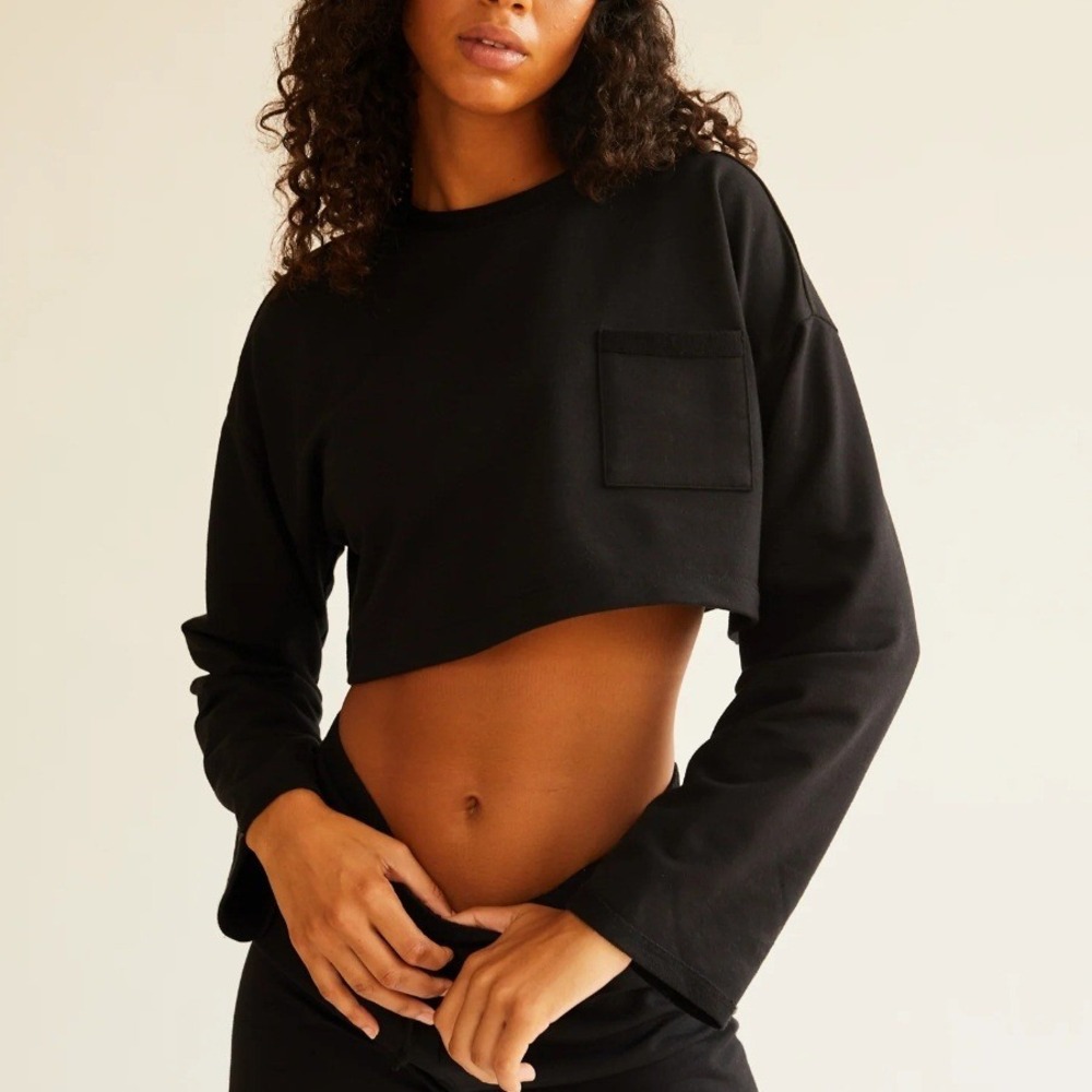 Free People Movement Black Sunny Crop Sweatshirt Black Chest Pocket Size Small